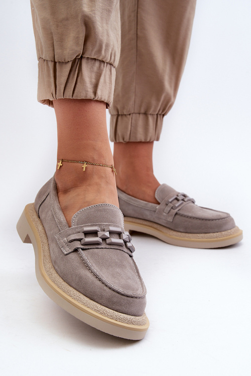 Mokasyny Damskie Zamszowe Na Płaskim Obcasie Z Ozdobą D&A TW101 Szare