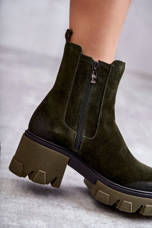 Zamszowe Damskie Botki Na Platformie Khaki Lemar Hilde