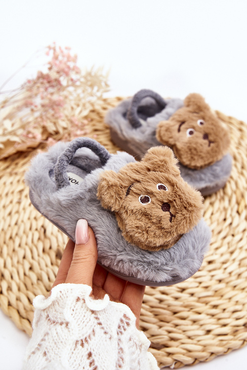 Kapcie Dziecięce Futrzane Z Misiem Szare Dicera