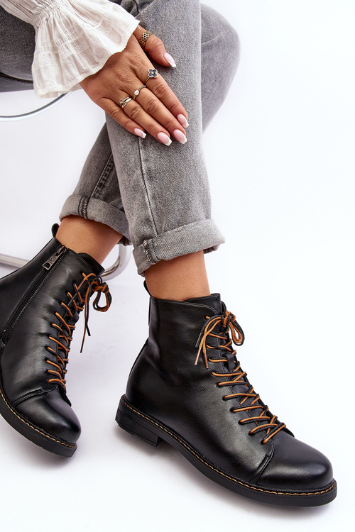 Skórzane Botki Trzewiki Damskie Czarne Ethel