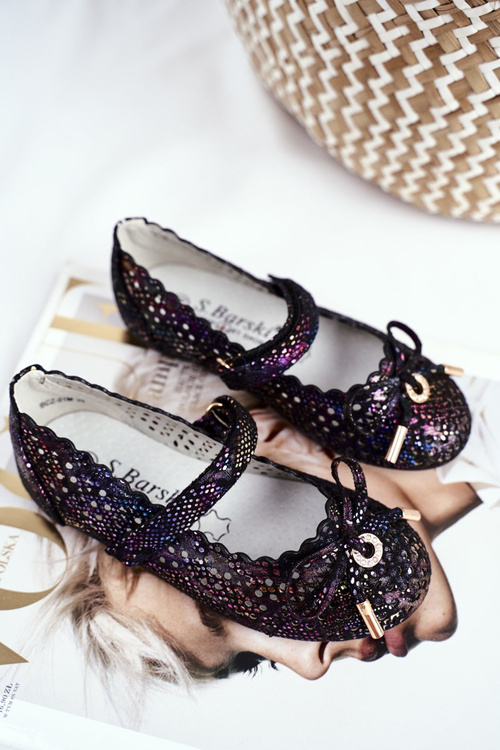 Dziecięce Czarne Ażurowe Balerinki na Rzep Barski Remtro