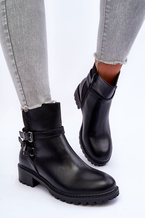 Skórzane Botki Damskie Z Paskami Czarne Minks