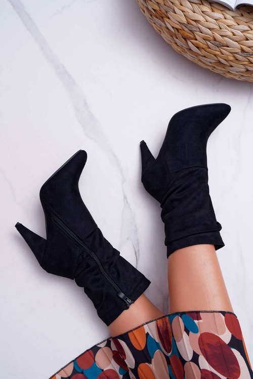 Botki Damskie Na Słupku Za Kostkę Ocieplane Czarne Temma