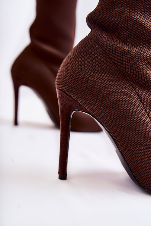 Damskie Wysokie Botki Ze Skarpetą Na Szpilce Brązowe Luisell