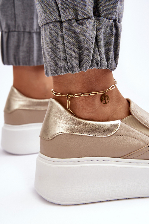 Skórzane Buty Sportowe Damskie na Platformie Beżowe Lemar Manish