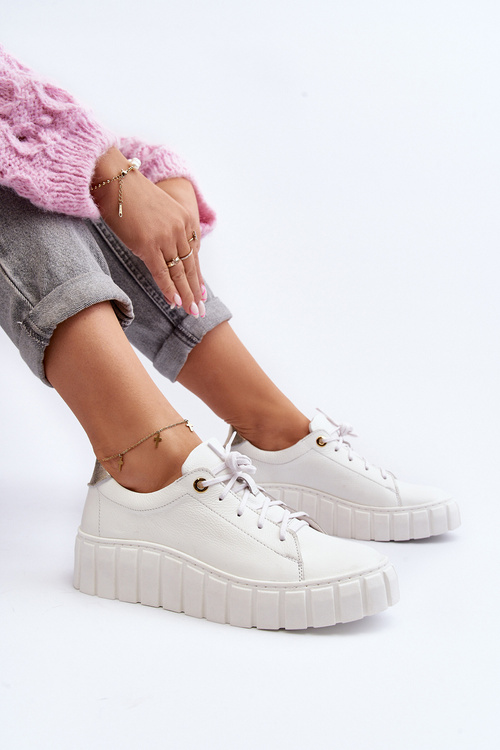 Zazoo 2919 Damskie Skórzane Półbuty Na Grubej Podeszwie Białe