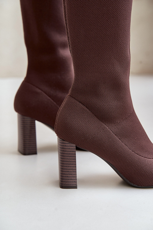 Kozaki Ze Skarpetkową Cholewką Za Kolano Na Słupku Brązowe Esanira