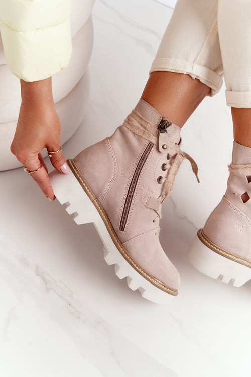 Zamszowe Ażurowe Botki Maciejka Beżowe 05033-04