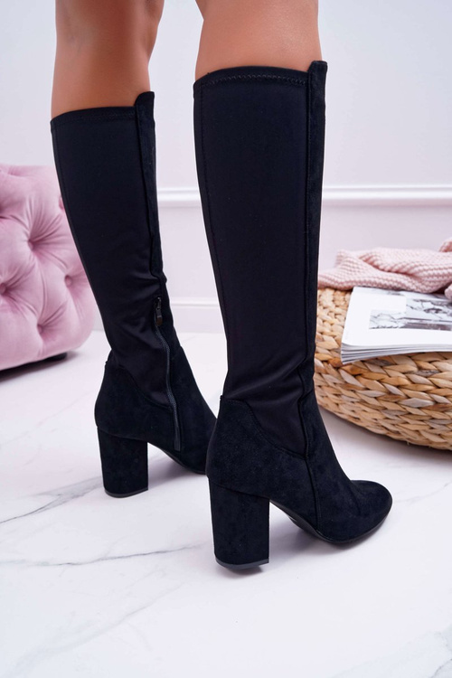 Kozaki Damskie Na Słupku Zamszowe z Lycrą Czarne Machine