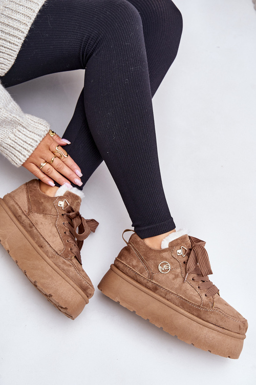 Ocieplane Futerkiem Sneakersy Damskie Na Platformie Brązowe Velarisea