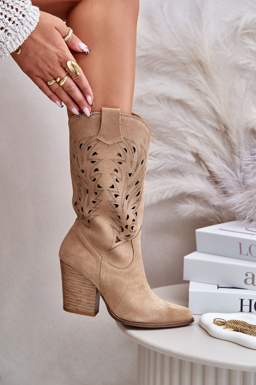 Ażurowe Kozaki Do Połowy Łydki Na Słupku Zamszowe Lewski 3609 Beżowe