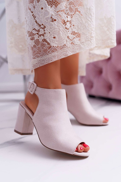 Sandały Damskie Na Słupku Z Cholewką Peep Toe Beżowe Esta