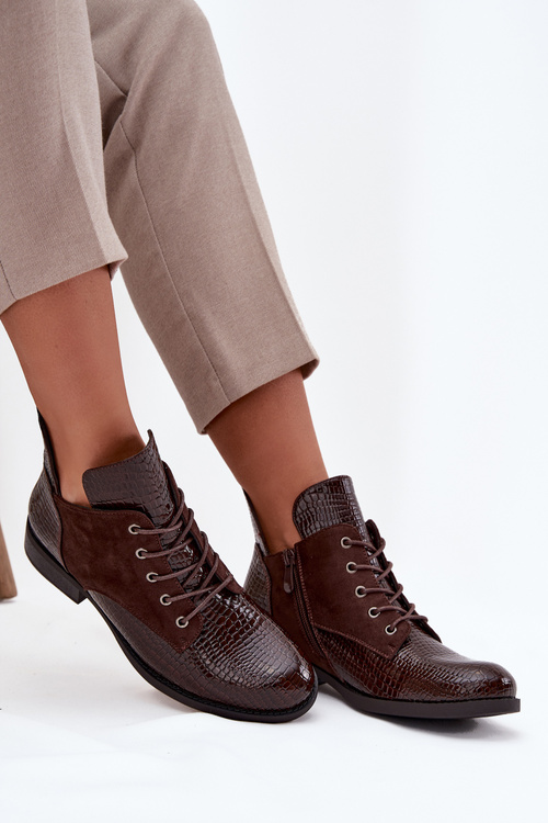 Lakierowane Botki Damskie Z Ozdobnym Tłoczeniem Ocieplane Vinceza 16477 Brązowe