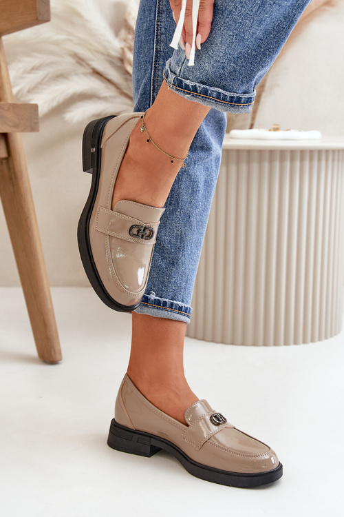 Lakierowane Mokasyny Damskie Ze Skóry Naturalnej Khaki Vinceza 58409