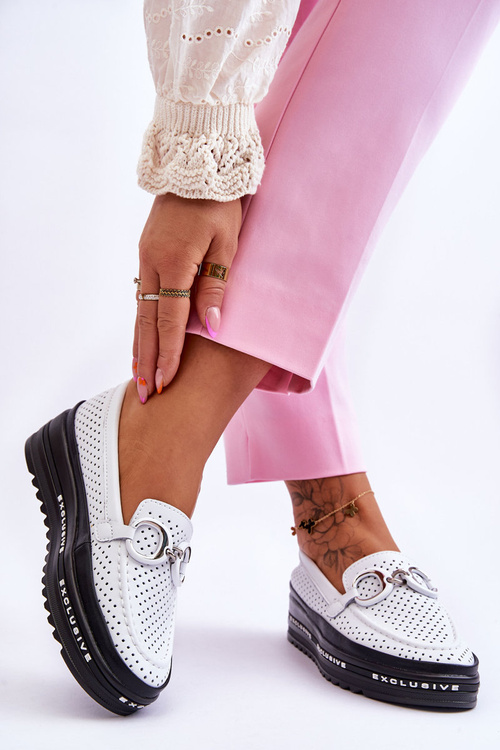 Klasyczne Skórzane Ażurowe Mokasyny Z Ozdobą Białe Rendy