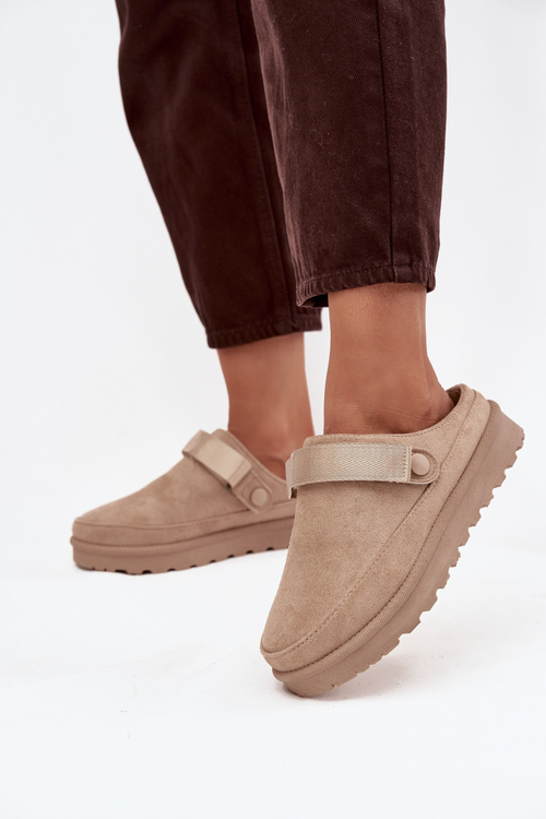 Damskie Kapcie Ocieplane Futerkiem Na Platformie Beżowe Azida