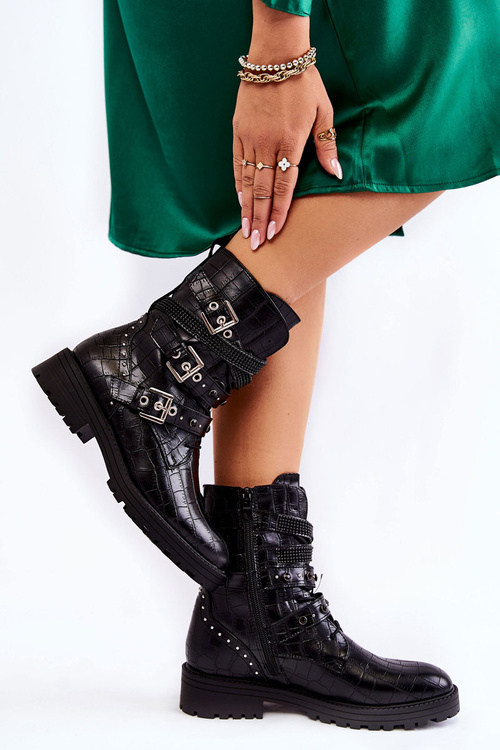 Damskie Ocieplane Botki Z Paskami Wężowe Czarne Lamberta