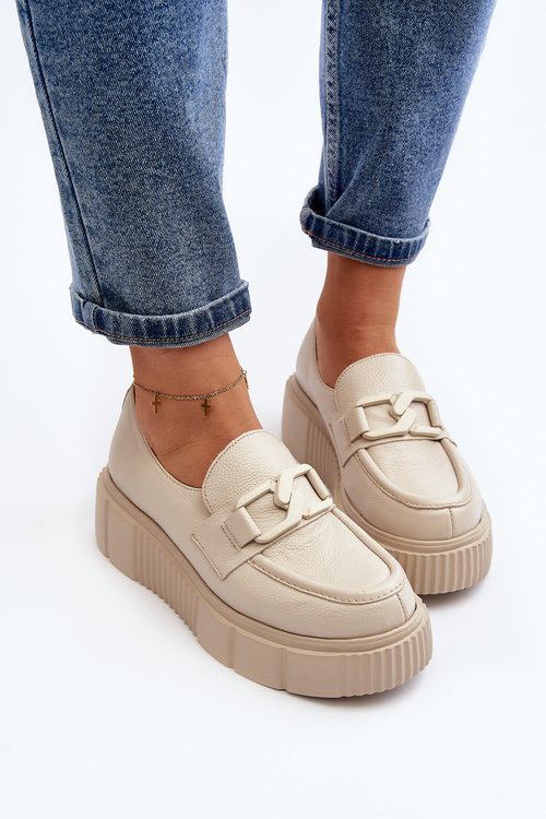 Zazoo 20101 Modne Skórzane Półbuty Na Platformie Jasnobeżowe