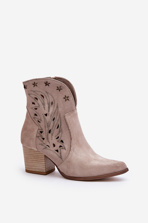 Ażurowe Botki Kowbojki Zamszowe Na Słupku Lewski 3613 Cappucino