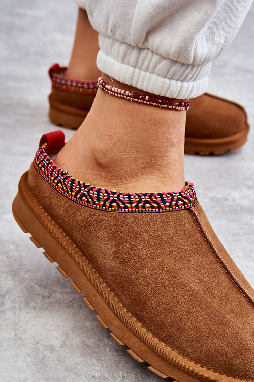 Zamszowe Damskie Papcie Z Futerkiem Camel Buffie