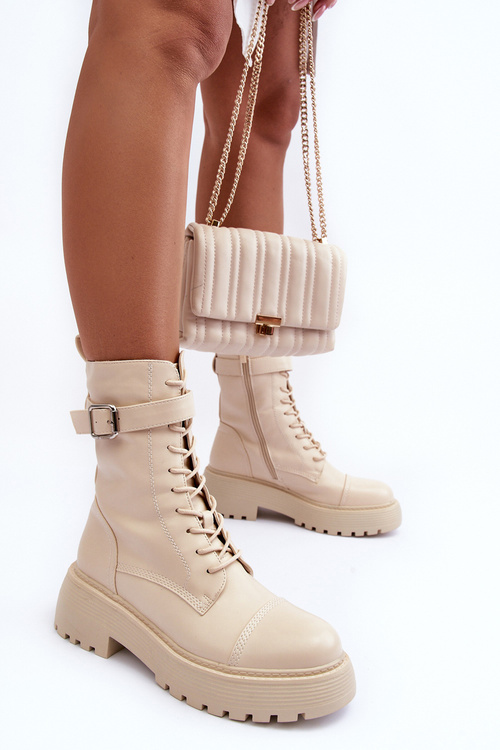 Skórzane Botki Workery Na Płaskim Obcasie Z Klamrą Jasnobeżowe Samivlo