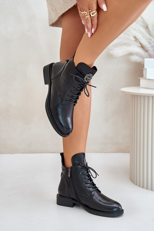 Ocieplane Botki Na Płaskim Obcasie Z Ozdobą Czarne Leonise