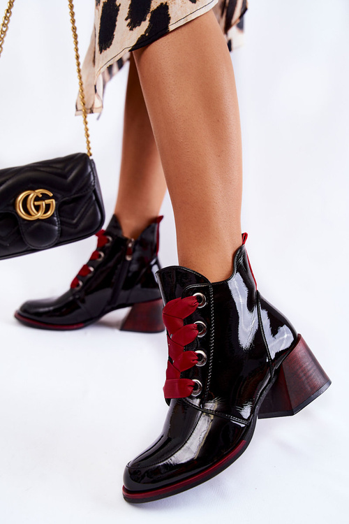 Lakierowane Ocieplane Botki Sznurowane Czarne Tove