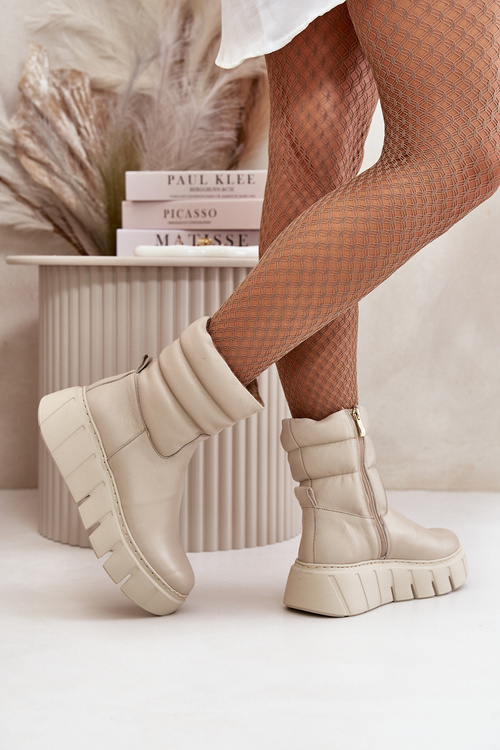 Zazoo 60512 Botki Damskie Skórzane Na Zamek Ocieplane Filcem Jasnobeżowe