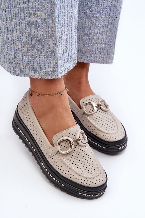 Skórzane Mokasyny Damskie Na Platformie Z Ozdobą S.Barski LR750 Beżowe