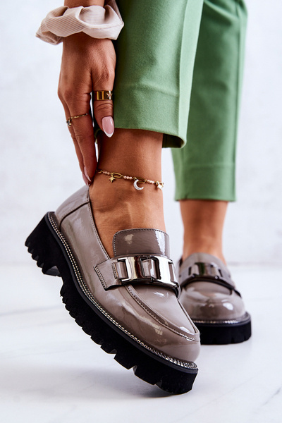 Lakierowane Skórzane Półbuty Szare Corine