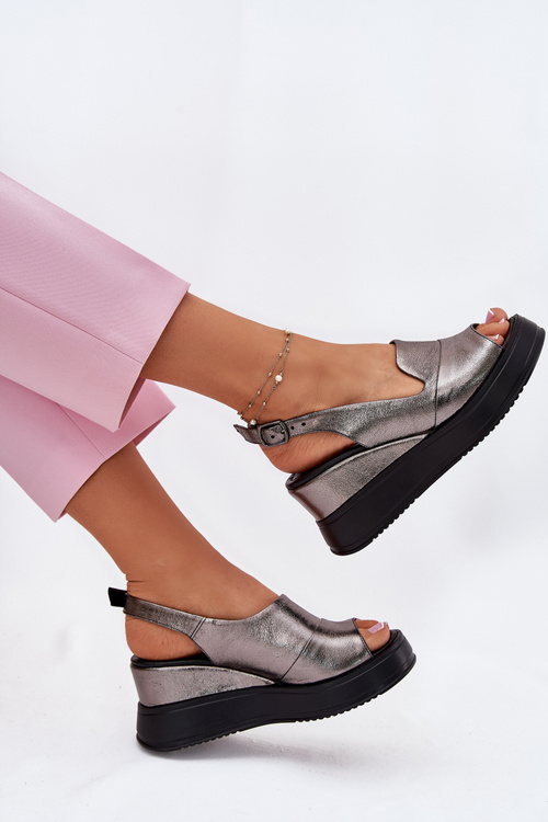 Skórzane Damskie Sandały Na Koturnie Artiker 54C0402 Grafitowe