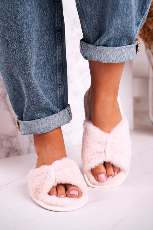 Damskie Klapki Papcie Futrzane Beżowe Bow