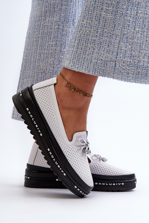 Mokasyny Damskie Skórzane Na Platformie S.Barski LR400 Białe