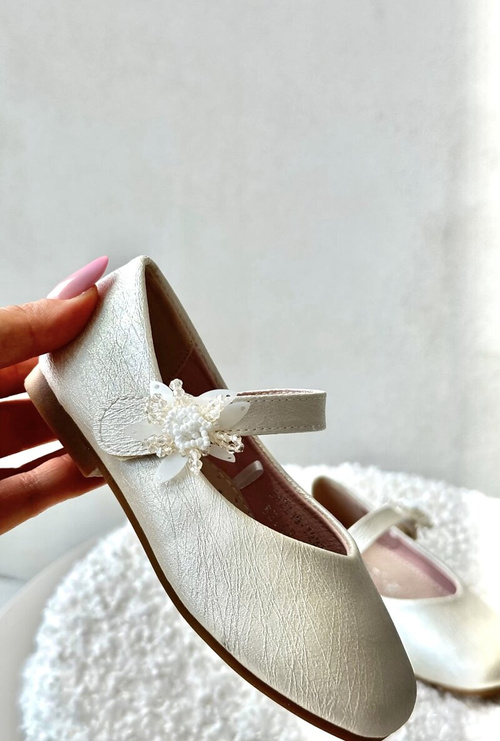 Brokatowe Balerinki Dziecięce Zapinane Na Rzep Beżowe Jeylin