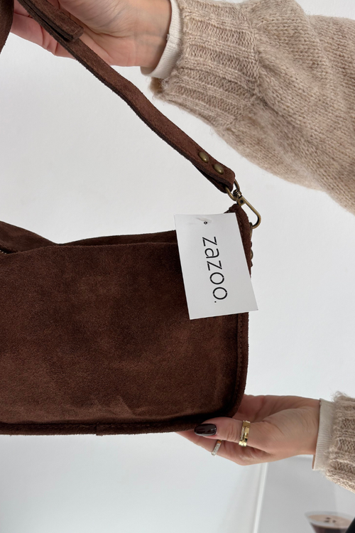 Skórzana Zamszowa Torebka Zdobiona Dżetami Brązowa Savra