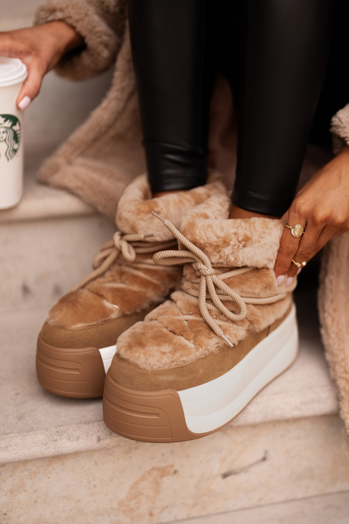 Skórzane Śniegowce Damskie Na Grubej Podeszwie Z Futerkiem Big Star OO274A207 Brązowe