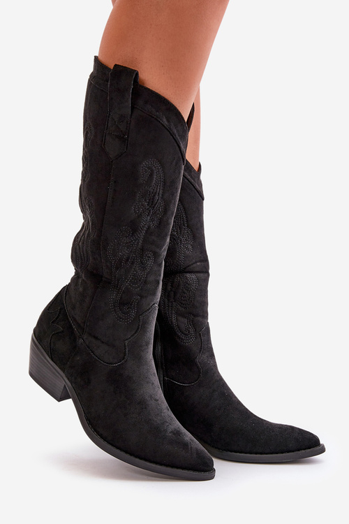 Damskie Kozaki Kowbojki Na Niskim Obcasie Z Eko Zamszu Czarne Ligelia