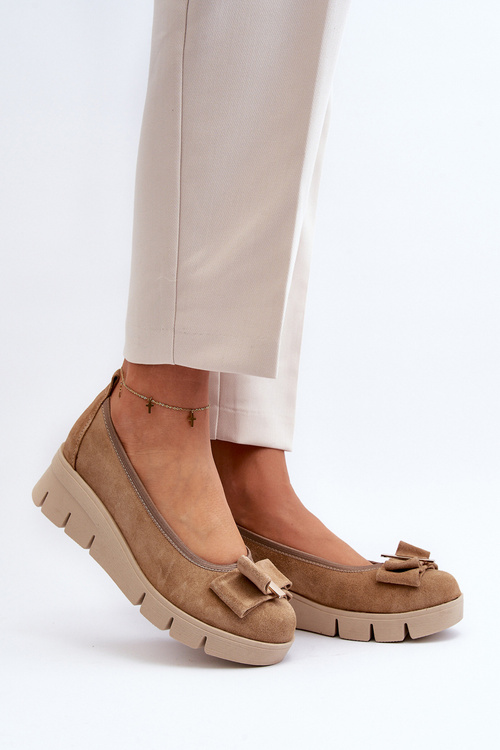 Baleriny Skórzane Na Platformie Z Ozdobą Ciemno Beżowe Lewski 3384