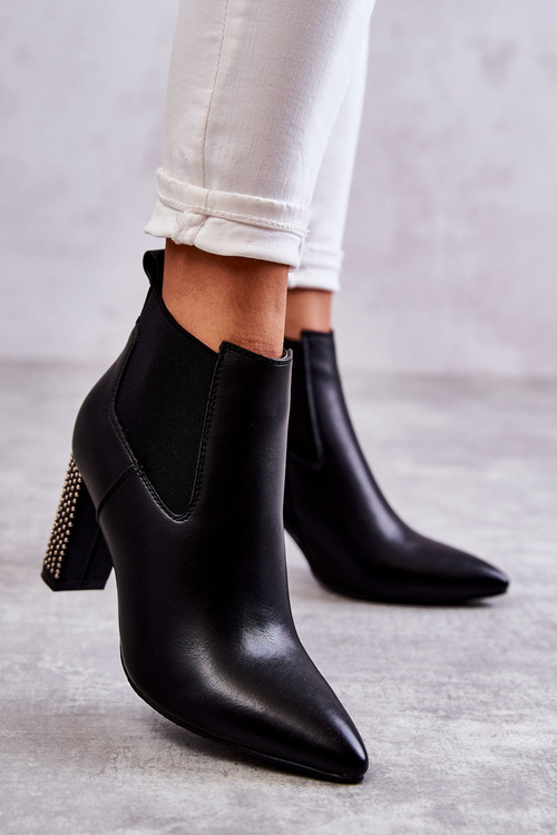 Eleganckie Botki Na Słupku Z Dżetami Czarne Elinor