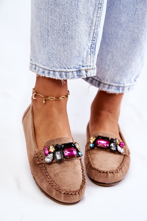 Damskie Zamszowe Mokasyny Z Ozdobami Beżowe Janetta