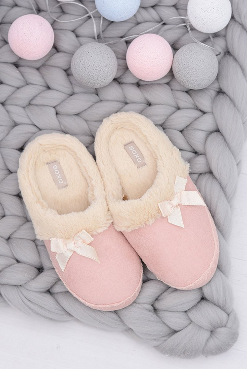 Klapki Damskie Z Futerkiem I Kokardką SOXO Różowe