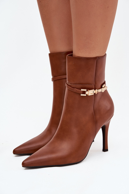 Botki Damskie Na Szpilce Z Paskiem I Złotym Elementem Ocieplane Camel Bellisse