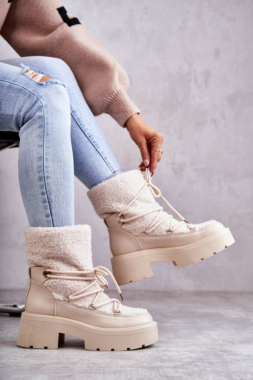 Damskie Botki Śniegowce Z Kożuszkiem Beżowe Sanna