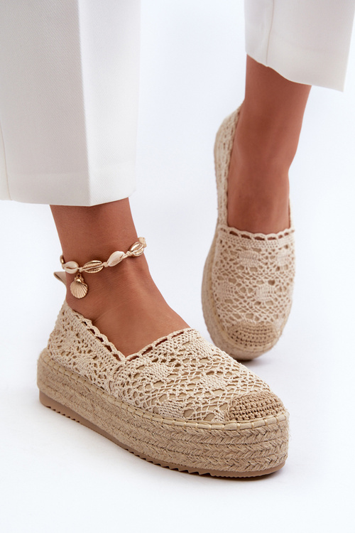Espadryle Damskie Koronkowe Na Platformie Beżowe Elarose