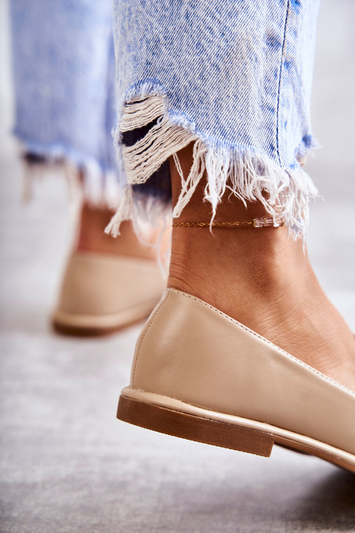 Damskie Skórzane Mokasyny Z Ozdobą Beżowe Kerrie