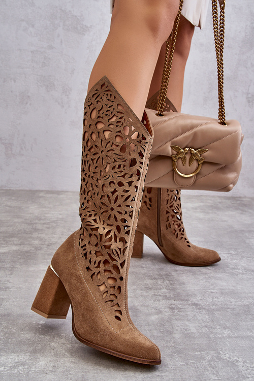 Zazoo 3234 Zamszowe Ażurowe Kozaki Ciemnobeżowe