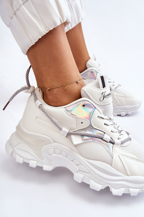 Damskie Buty Sportowe Sznurowane Na Platformie Białe Minea