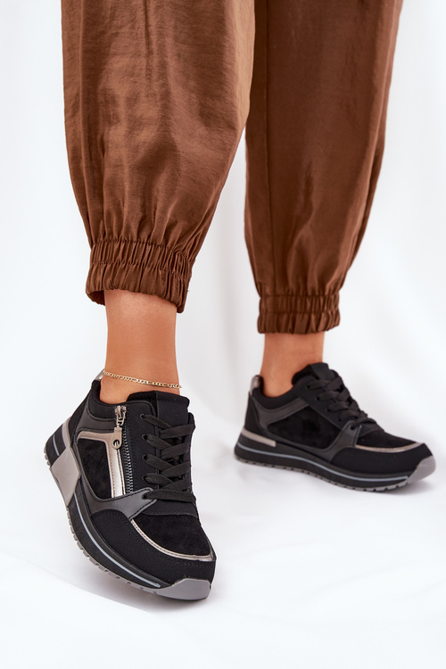 Buty Sportowe Damskie Z Suwakiem Na Platformie Czarne Larys