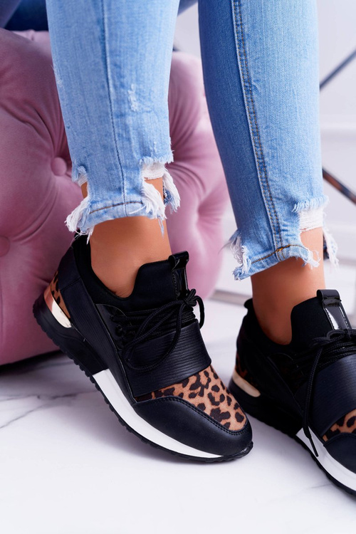 Sportowe Damskie Czarne Buty Leopard Cętki Elanco