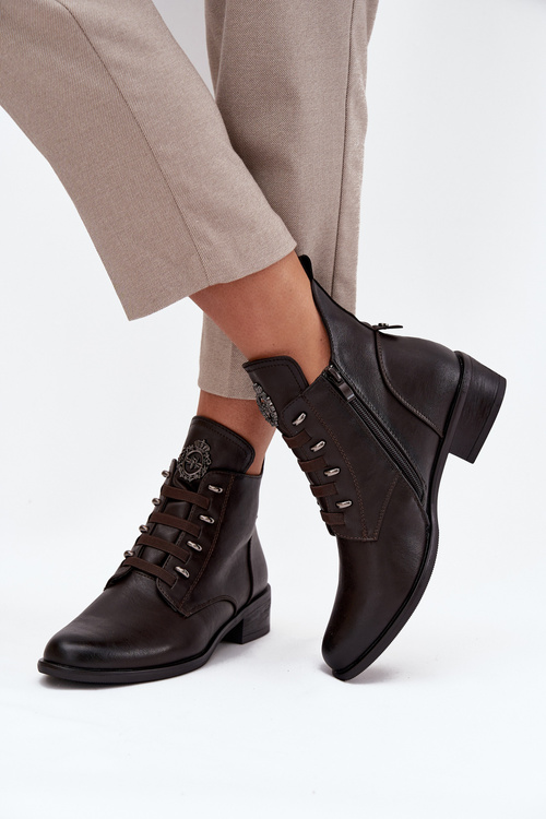 Niskie Botki Ocieplane Na Zamek Z Ozdobą Brązowe Nevalia